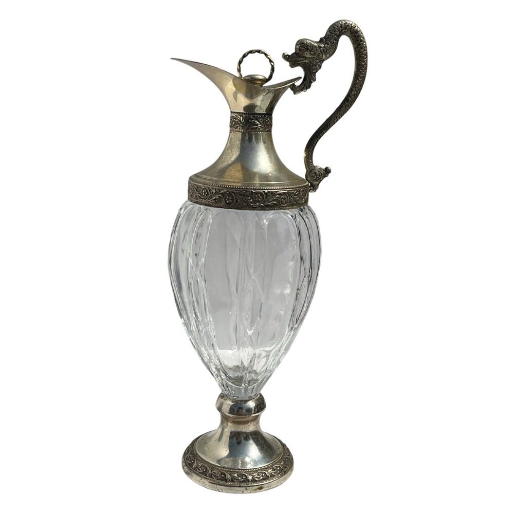 Italian Crystal & Silver Plate Dragon Handle Ewer by Distillerie Buton, Bologna